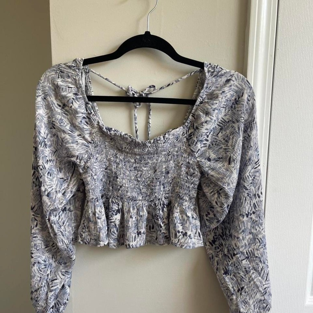 Vestique Blue White Abstract Print Smocked Peplum Tie Back Crop Top Small